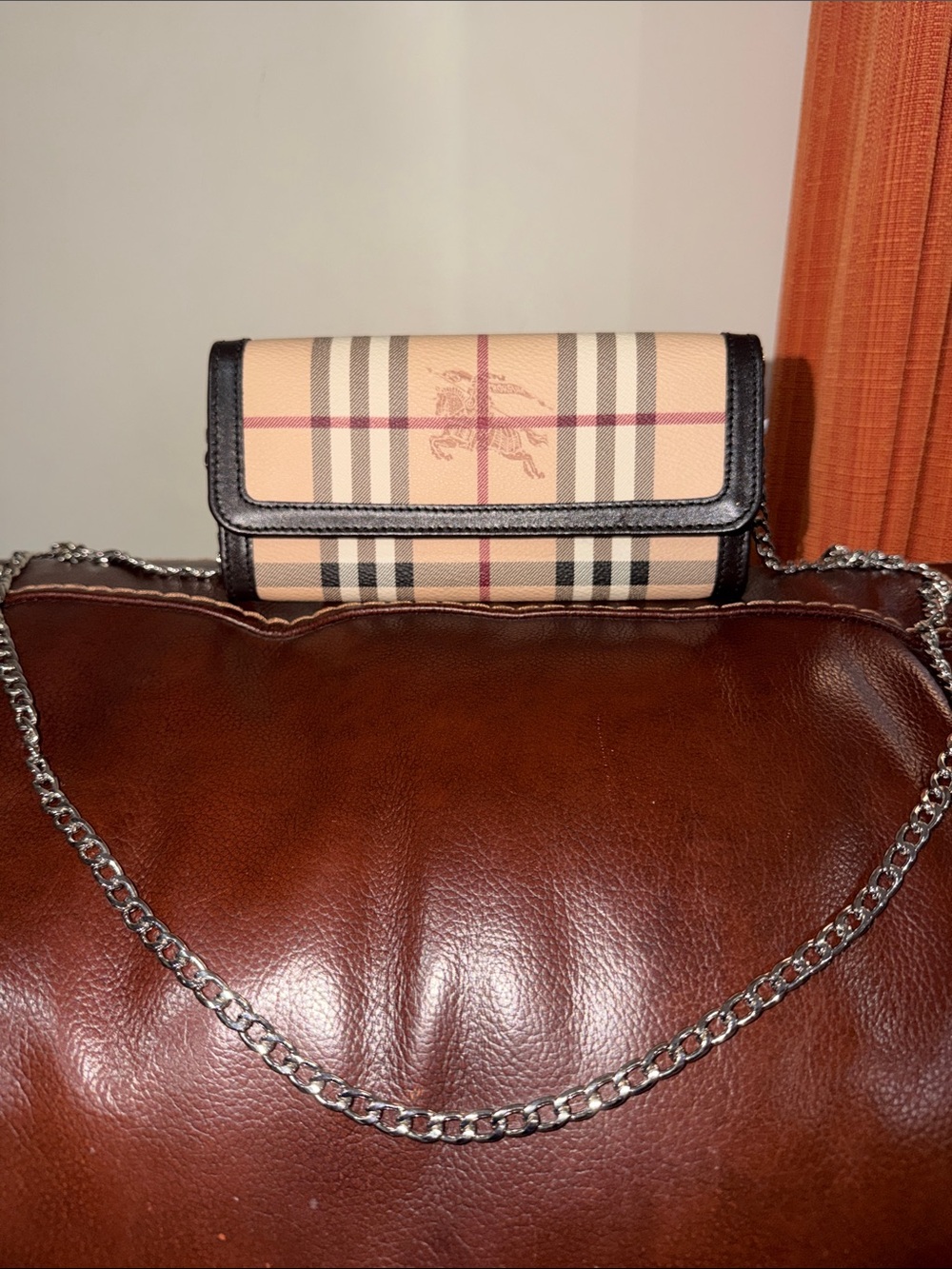 ‼️Authentic Burberry Haymarket Check Continental Long Bifold Wallet On Chain Bag